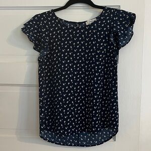 Elegant Navy Patterned Blouse with Ruffle Sleeves